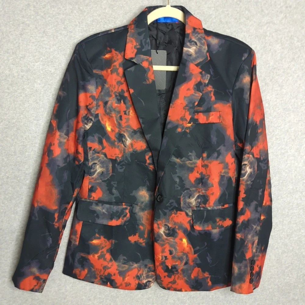 Cloudstyle‎ Men's Abstract Paint-Splatter Party Blazer Jacket Orange Black NWT S